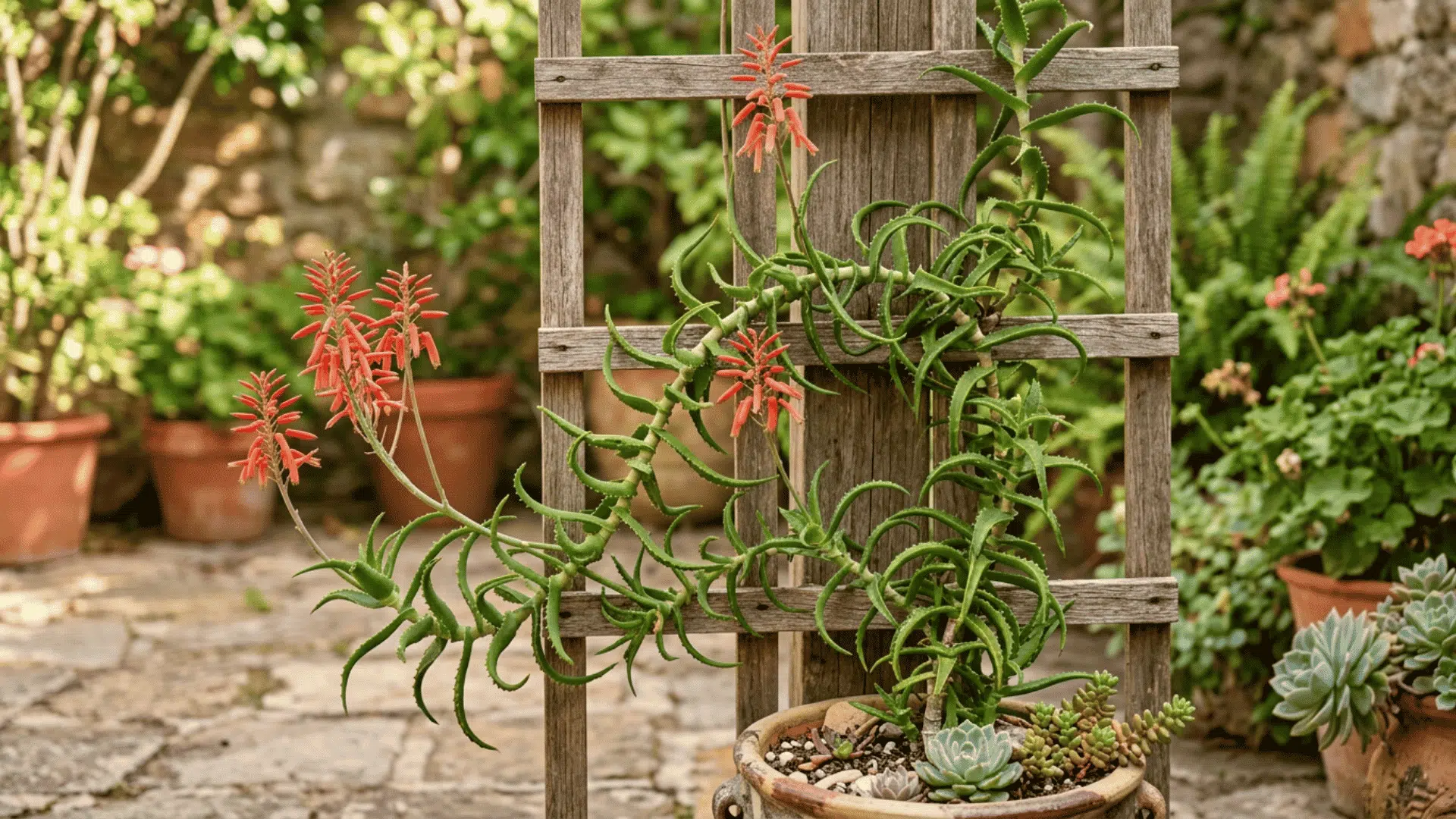 a climbing aloe plant with red flowers growing on a wooden trellis in a patio pot with small succulents below
