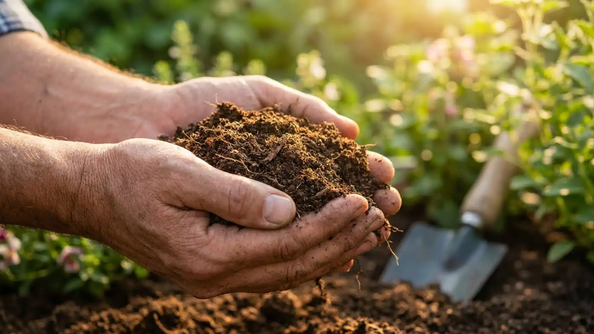 A close-up of a gardener's cupped hands holding a mound of dark, rich organic soil with a small trowel resting in the background