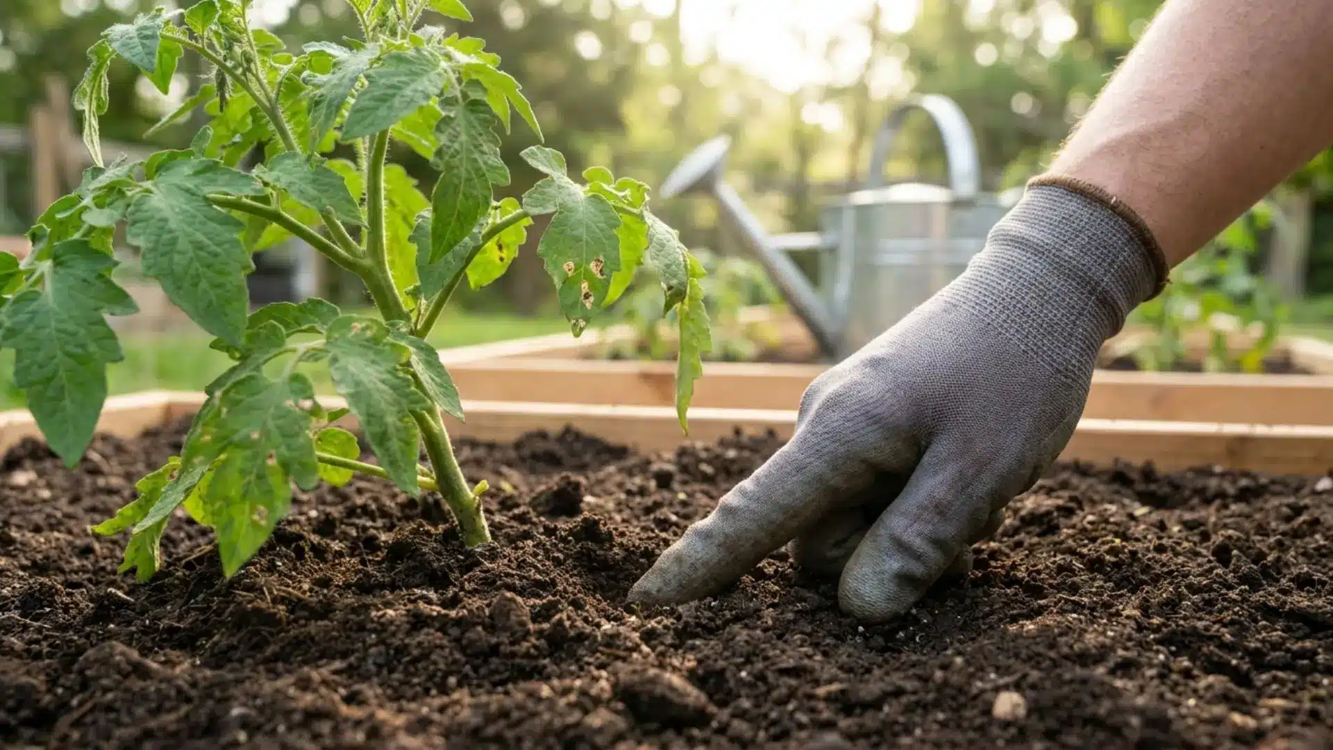 A close-up of a gloved hand testing the soil next to a young tomato plant in a backyard garden bed