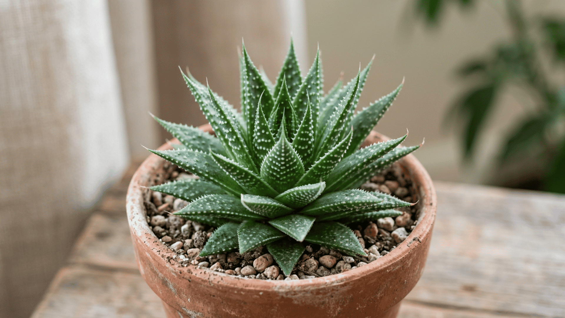 a close up of a green spiky succulent in a clay pot with pebbles on a wooden table near soft indoor light