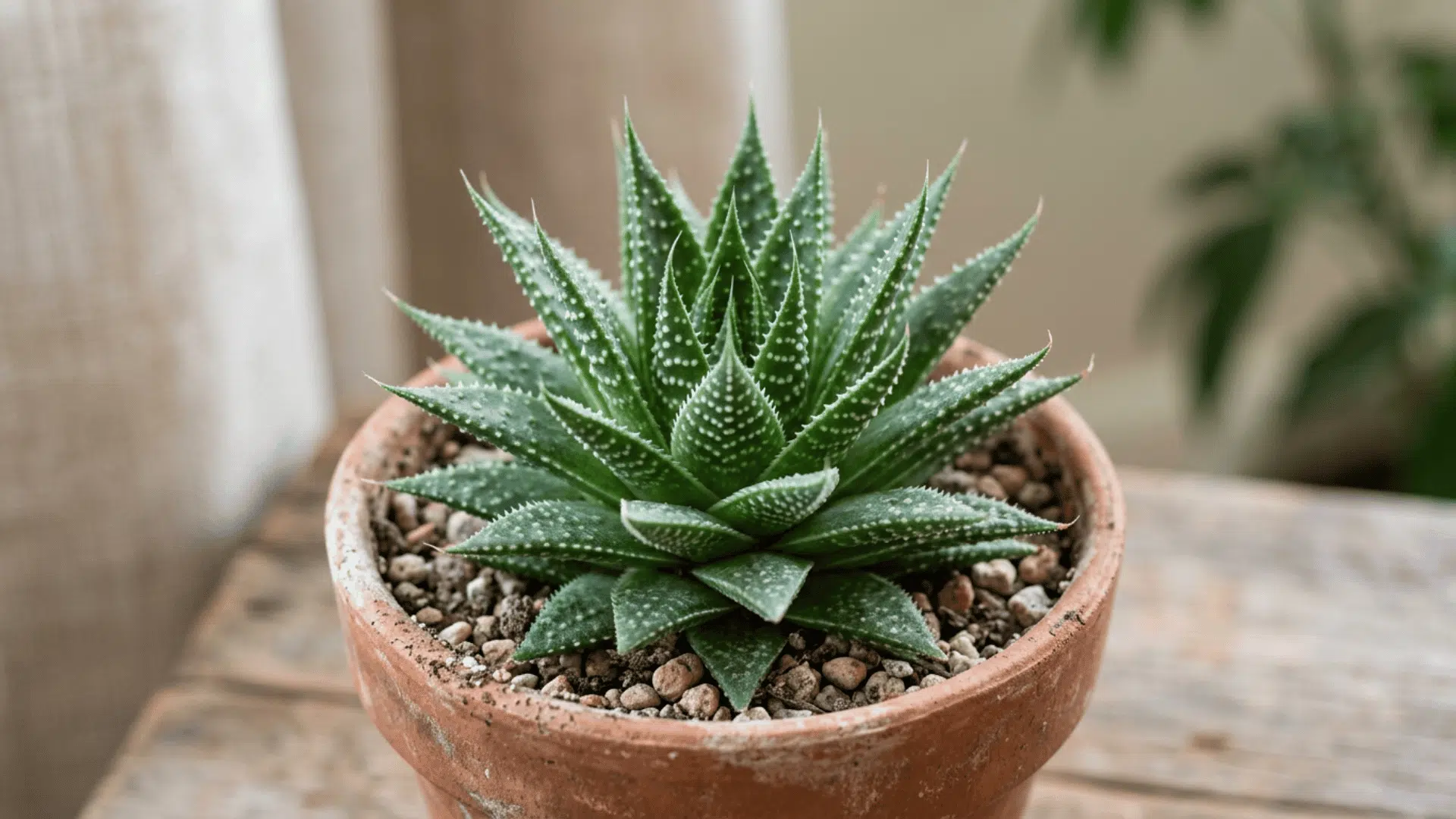 a close up of a green spiky succulent in a clay pot with pebbles on a wooden table near soft indoor light