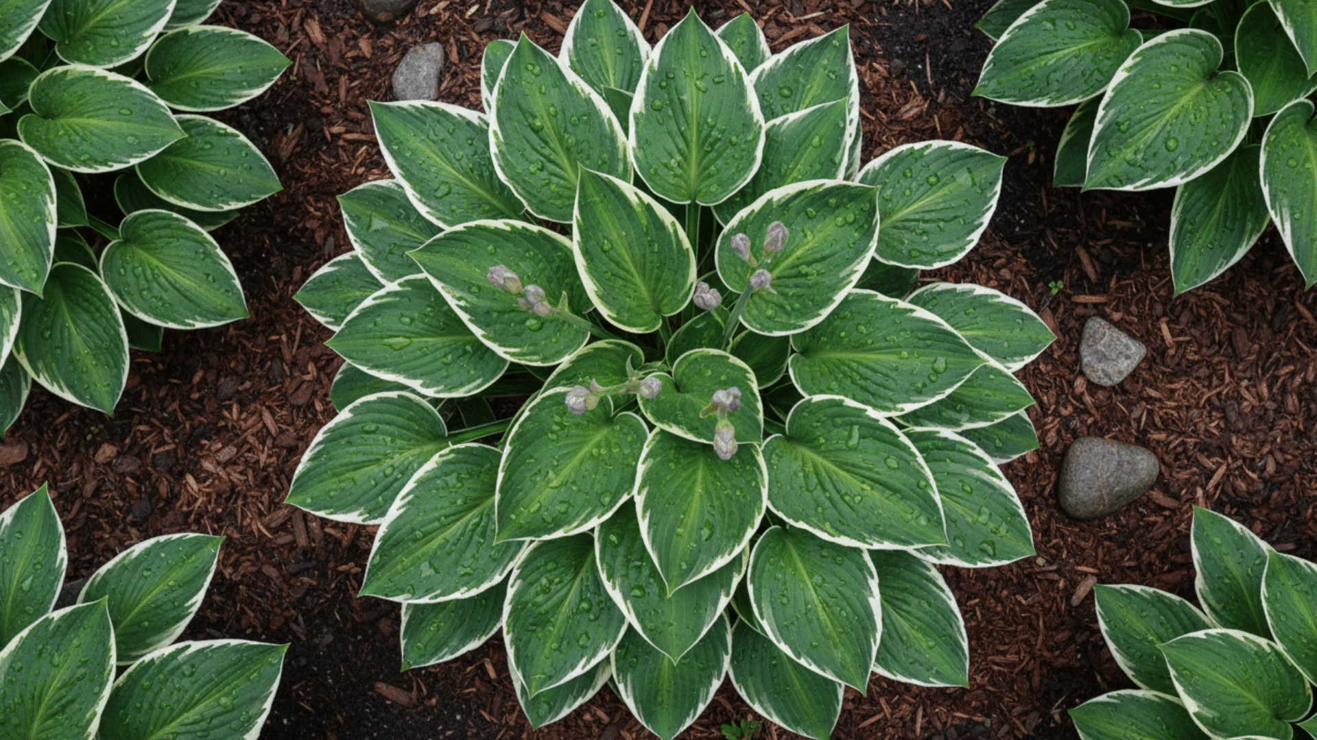 a close-up overhead view of a hosta plant with variegated leaves and small purple flower buds, surrounded by mulch and a few small stones