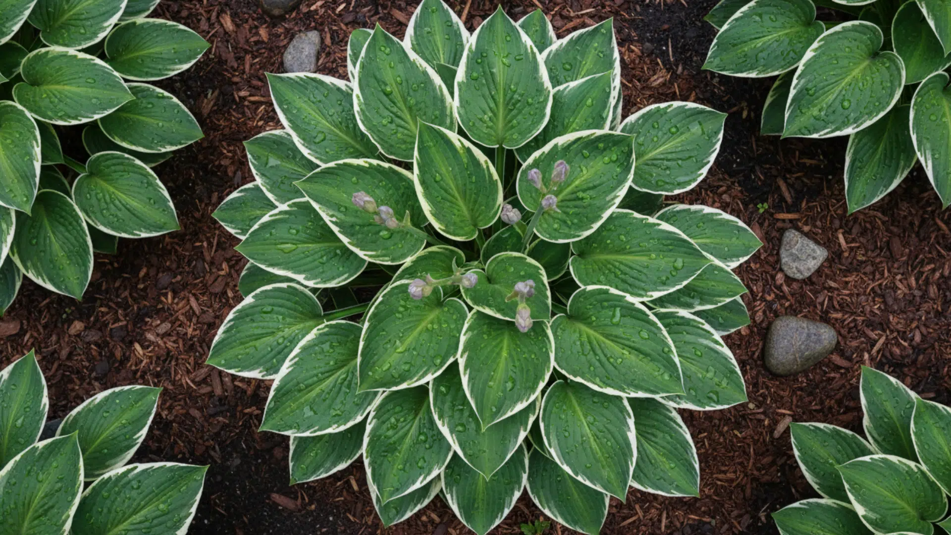 a close-up overhead view of a hosta plant with variegated leaves and small purple flower buds, surrounded by mulch and a few small stones