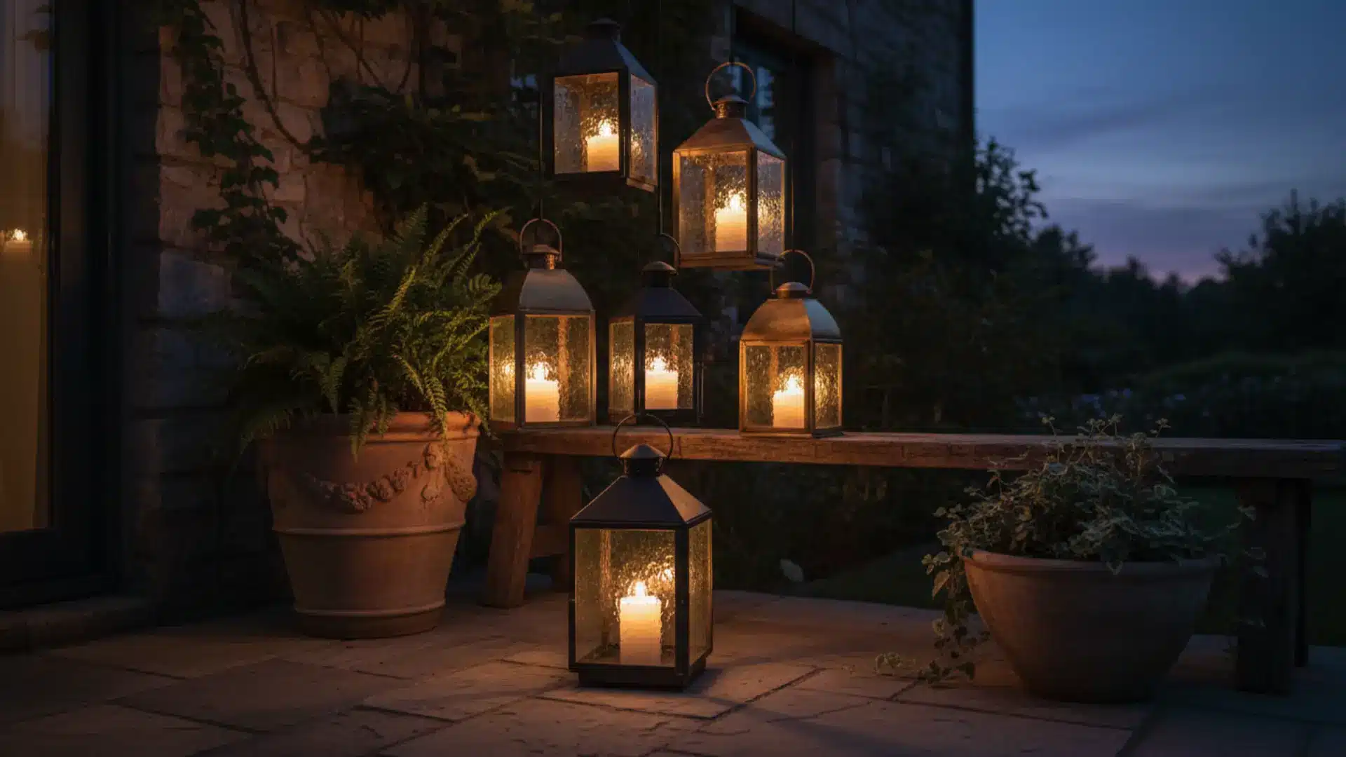 a cluster of black metal and aged brass lanterns at varying heights with lit candles on a small patio corner at dusk with soft warm candlelight