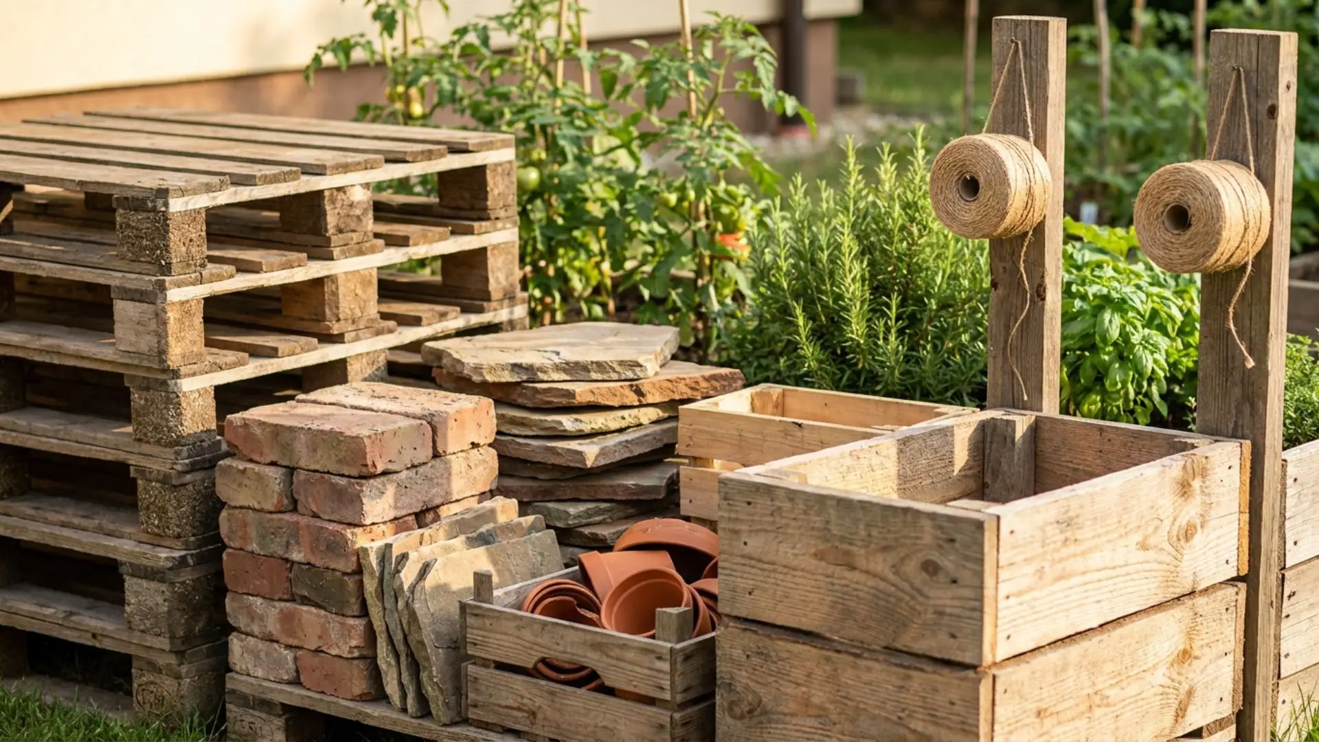 A collection of gardening supplies including wooden pallets, bricks, pavers, terracotta pots, and twine spools in a garden setup