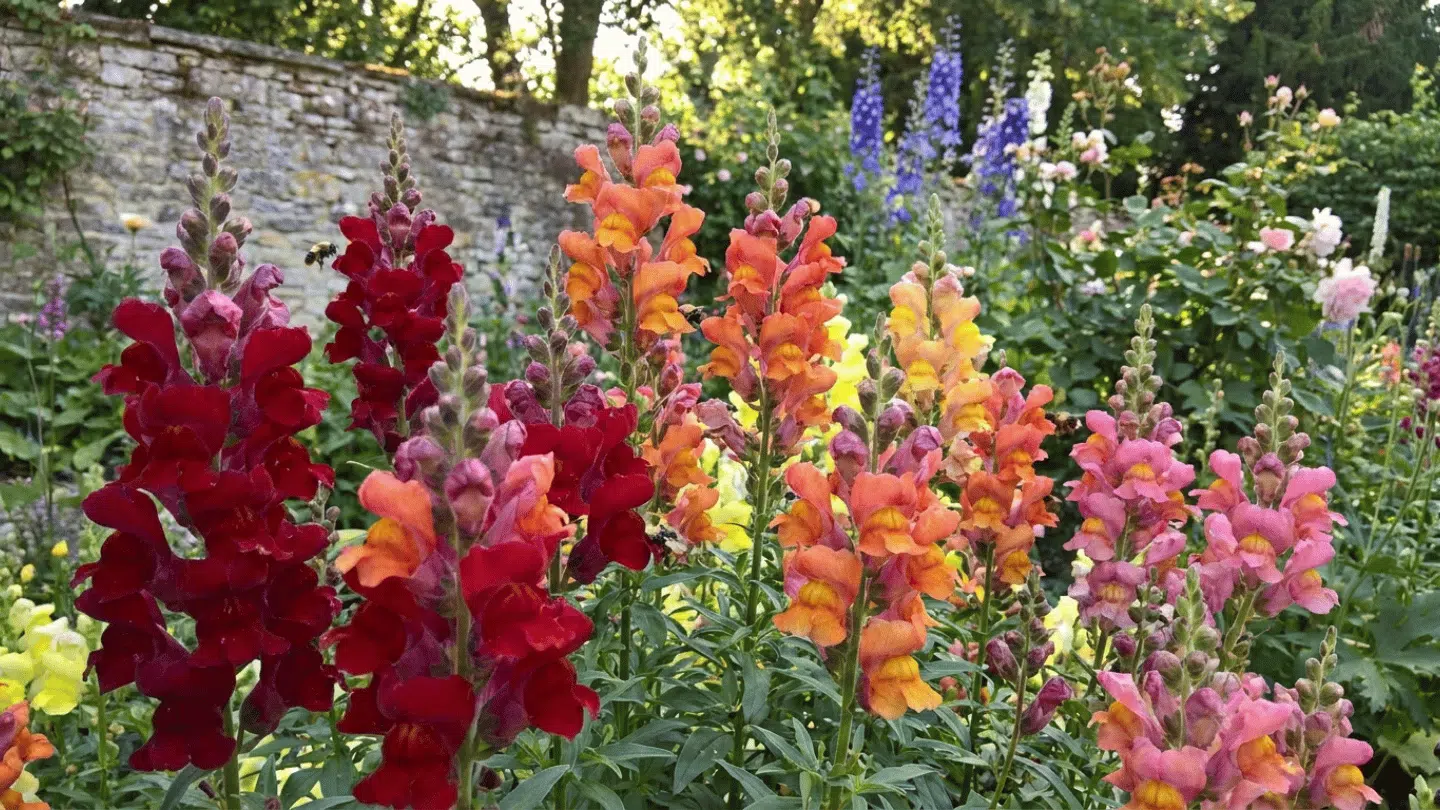 a colorful cottage garden filled with blooming snapdragon flowers beside a sunlit stone wall and lush greenery