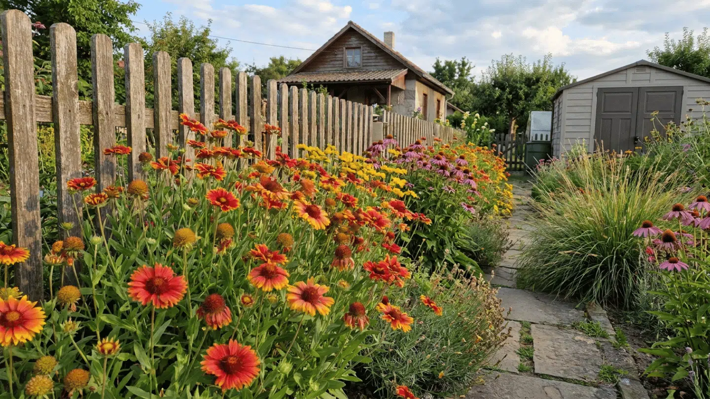 a colorful flower garden beside a wooden fence with a stone path leading toward a small house and garden shed