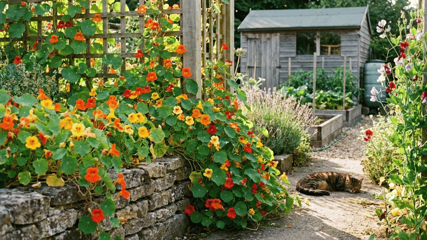 a colorful garden path with blooming orange flowers wooden planters and a sleeping cat near a small shed