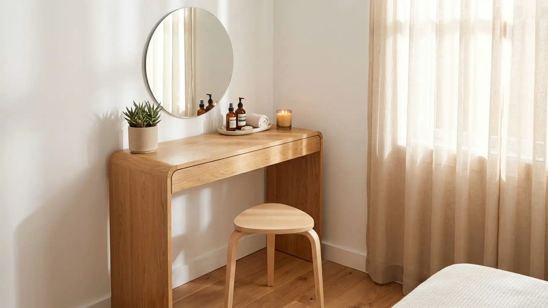 Compact wooden vanity table with round mirror creates a simple self-care corner beside soft linen curtains