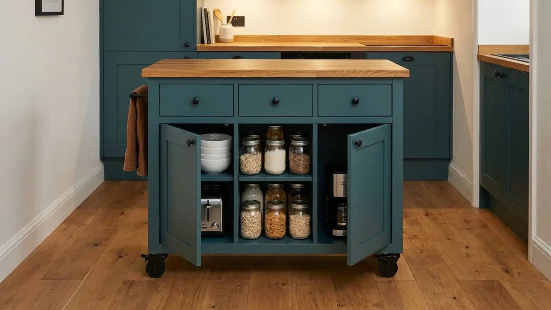 a teal kitchen island on lockable wheels includes open storage shelves, wood countertop, and compact appliances