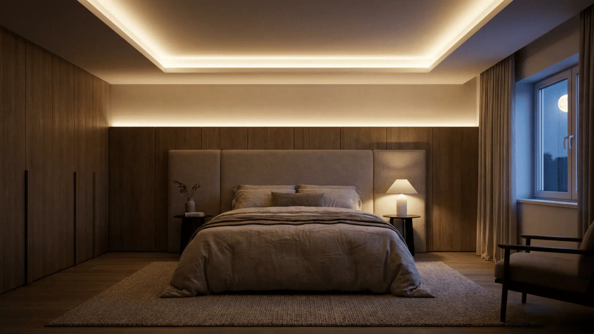 A contemporary bedroom with hidden LED strip cove lighting inside false ceiling perimeter.