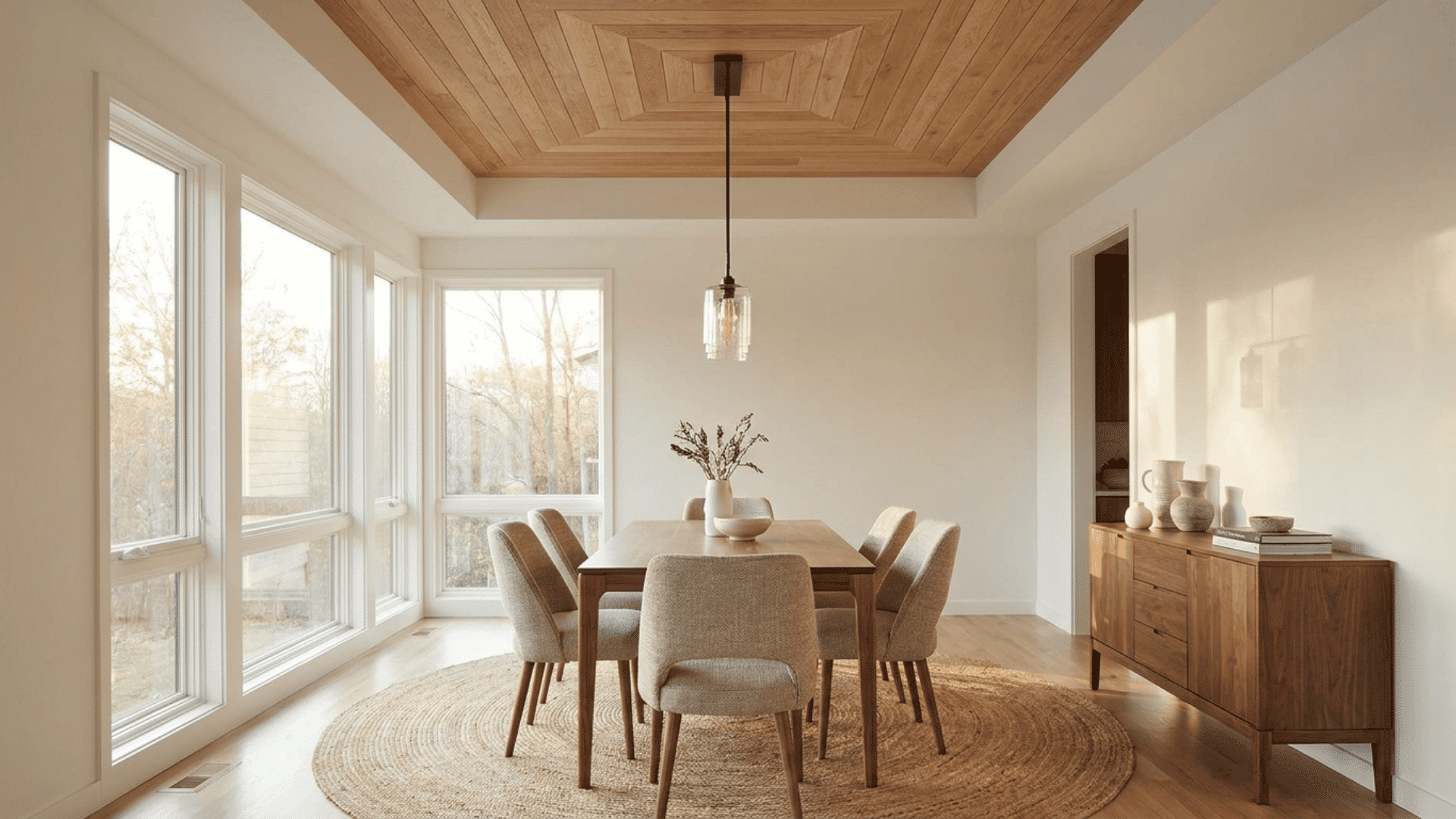 A contemporary dining room with a combination ceiling white-painted sections with wooden plank accents.