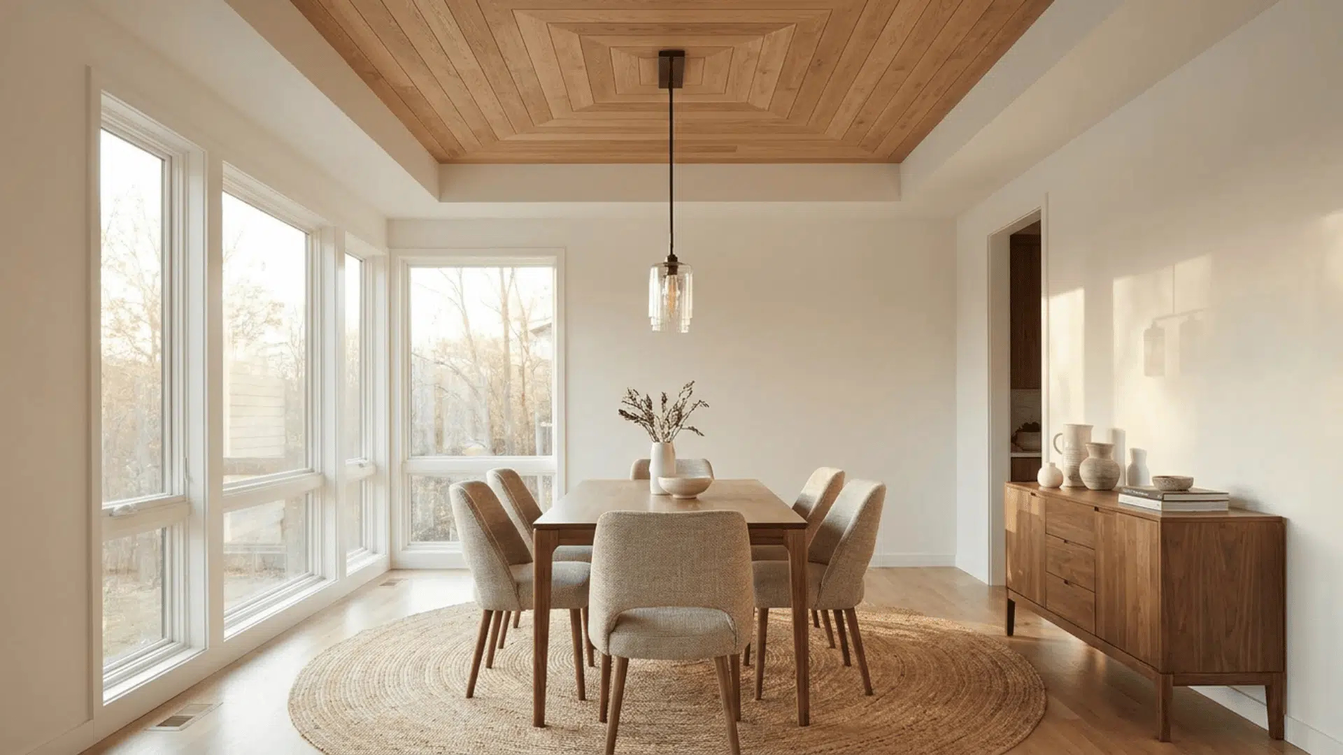A contemporary dining room with a combination ceiling white-painted sections with wooden plank accents.