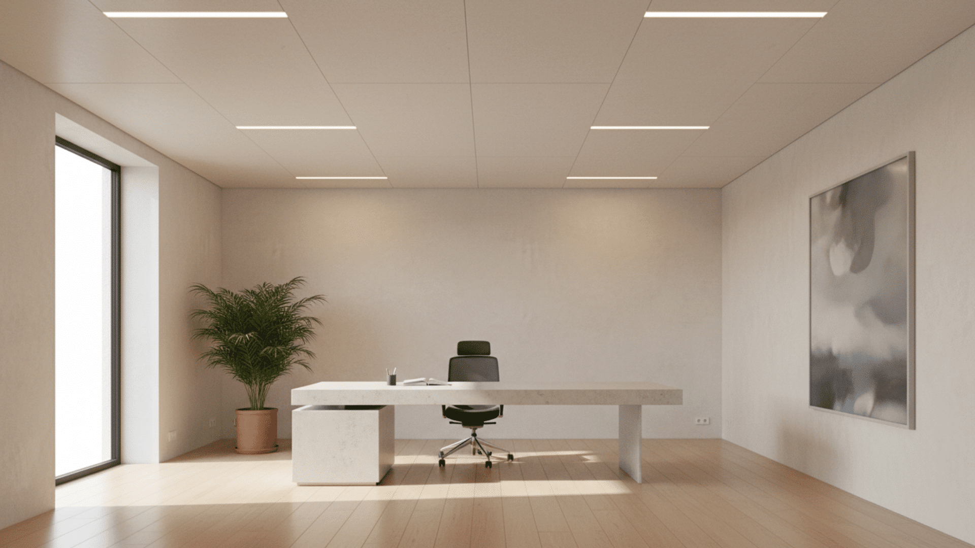 A contemporary home office with a smooth gypsum board ceiling. Ceiling panels are clean and uniform, with recessed lighting installed.