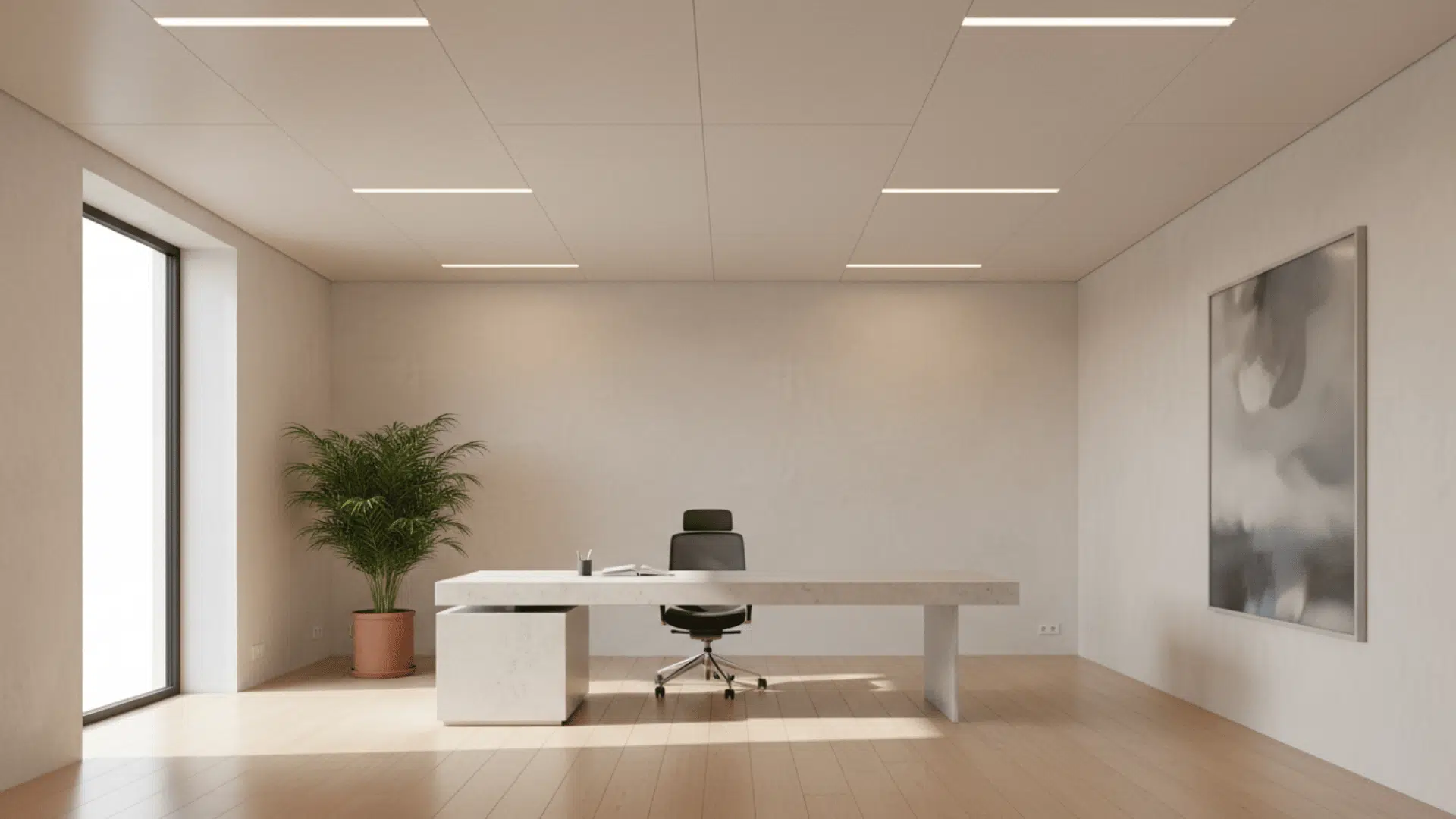 A contemporary home office with a smooth gypsum board ceiling. Ceiling panels are clean and uniform, with recessed lighting installed.