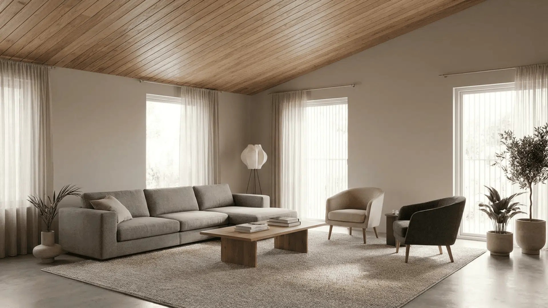 A contemporary living room with wooden ceiling planks arranged diagonally at a 45-degree angle.