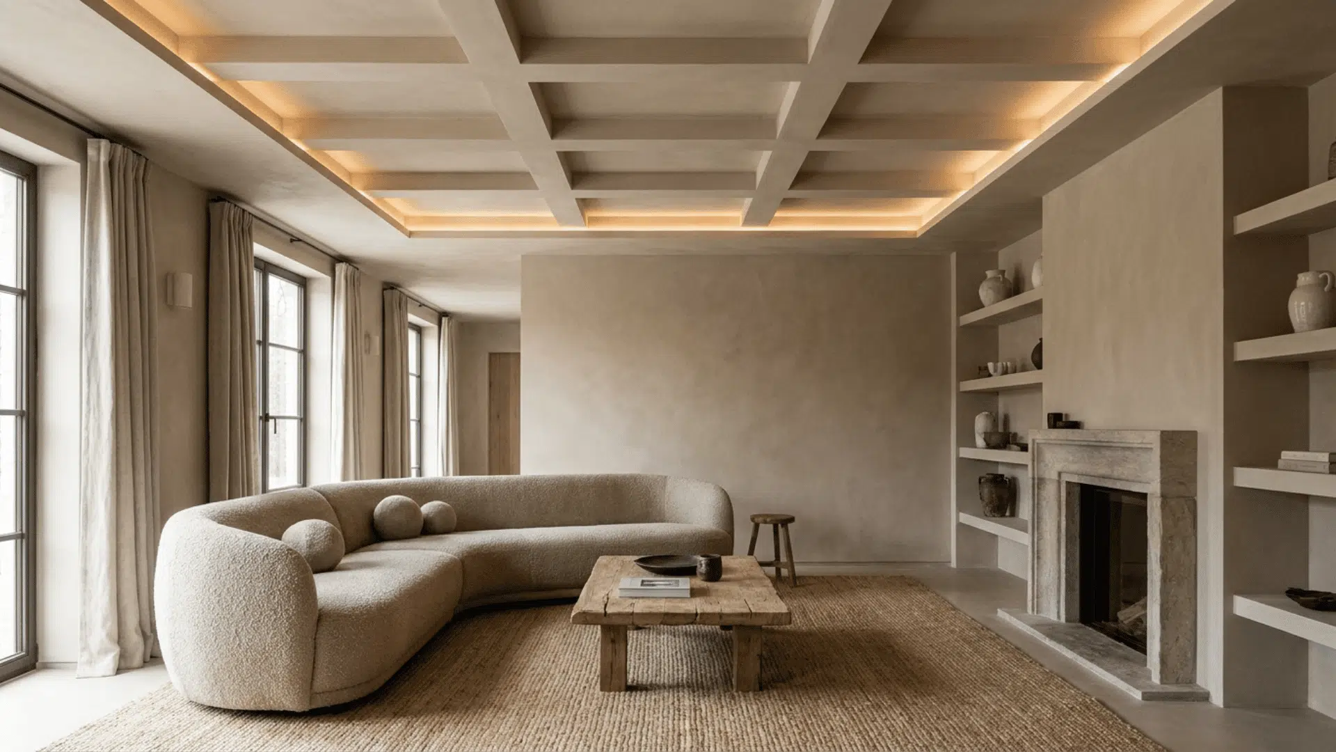 a contemporary open-plan living room with shallow coffered ceiling, panels recessed 2–3 inches.