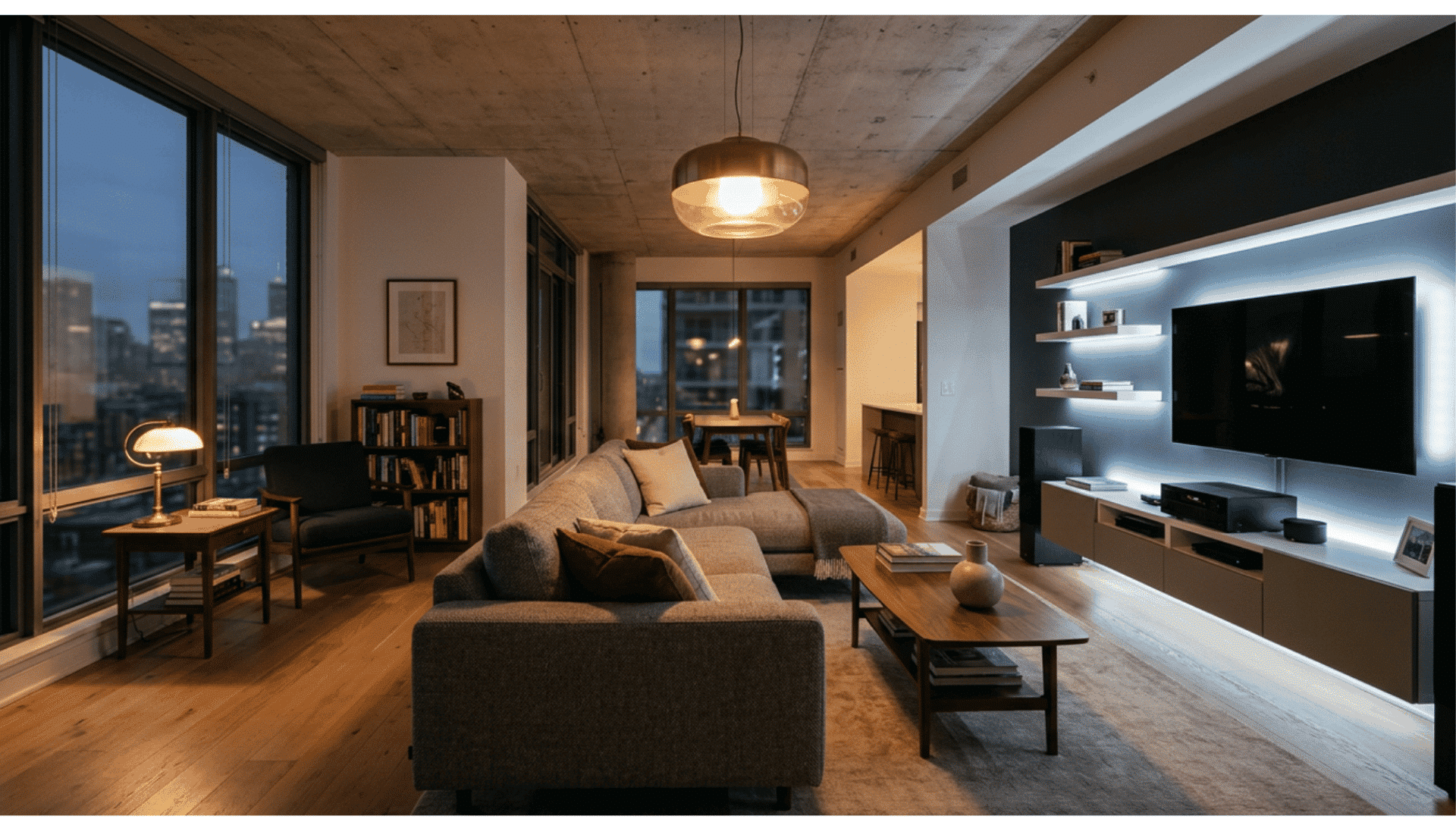_a cosy apartment living room at night with layered lighting including a pendant light a floor lamp and candles on the coffee table beside a grey sofa a reading chair with a sheepskin throw and a