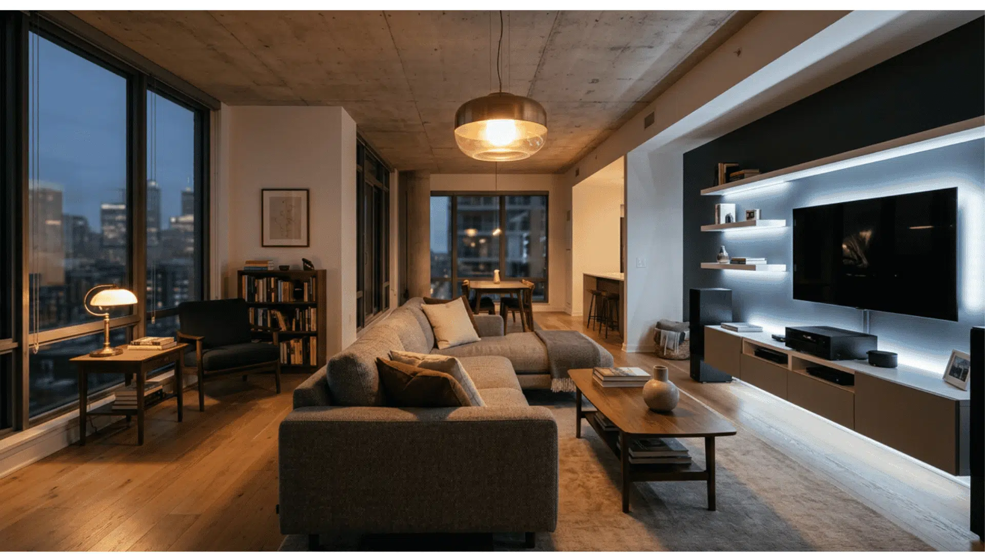 _a cosy apartment living room at night with layered lighting including a pendant light a floor lamp and candles on the coffee table beside a grey sofa a reading chair with a sheepskin throw and a