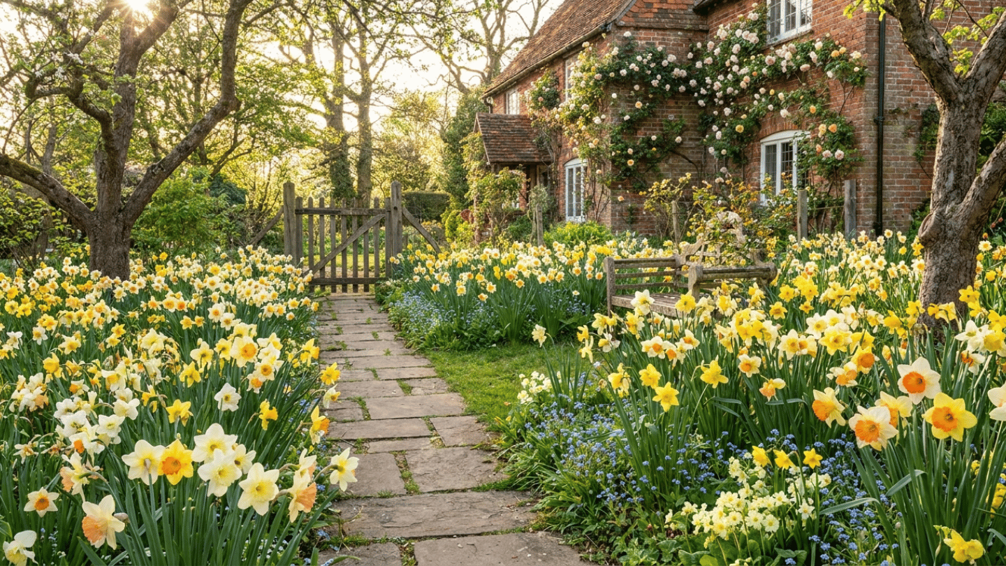a cottage garden filled with blooming daffodils beside a brick house and wooden gate in warm evening sunlight