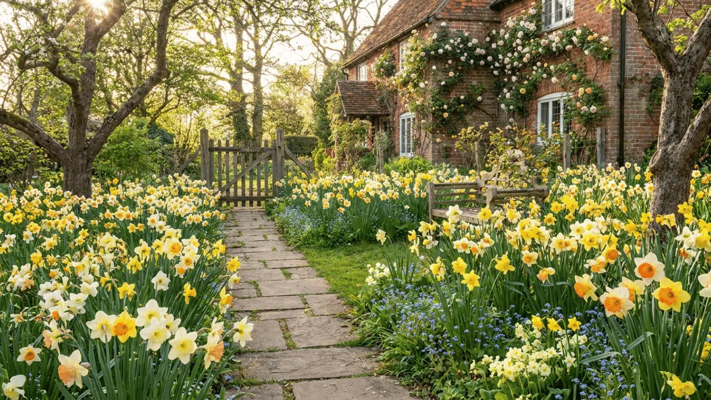 a cottage garden filled with blooming daffodils beside a brick house and wooden gate in warm evening sunlight