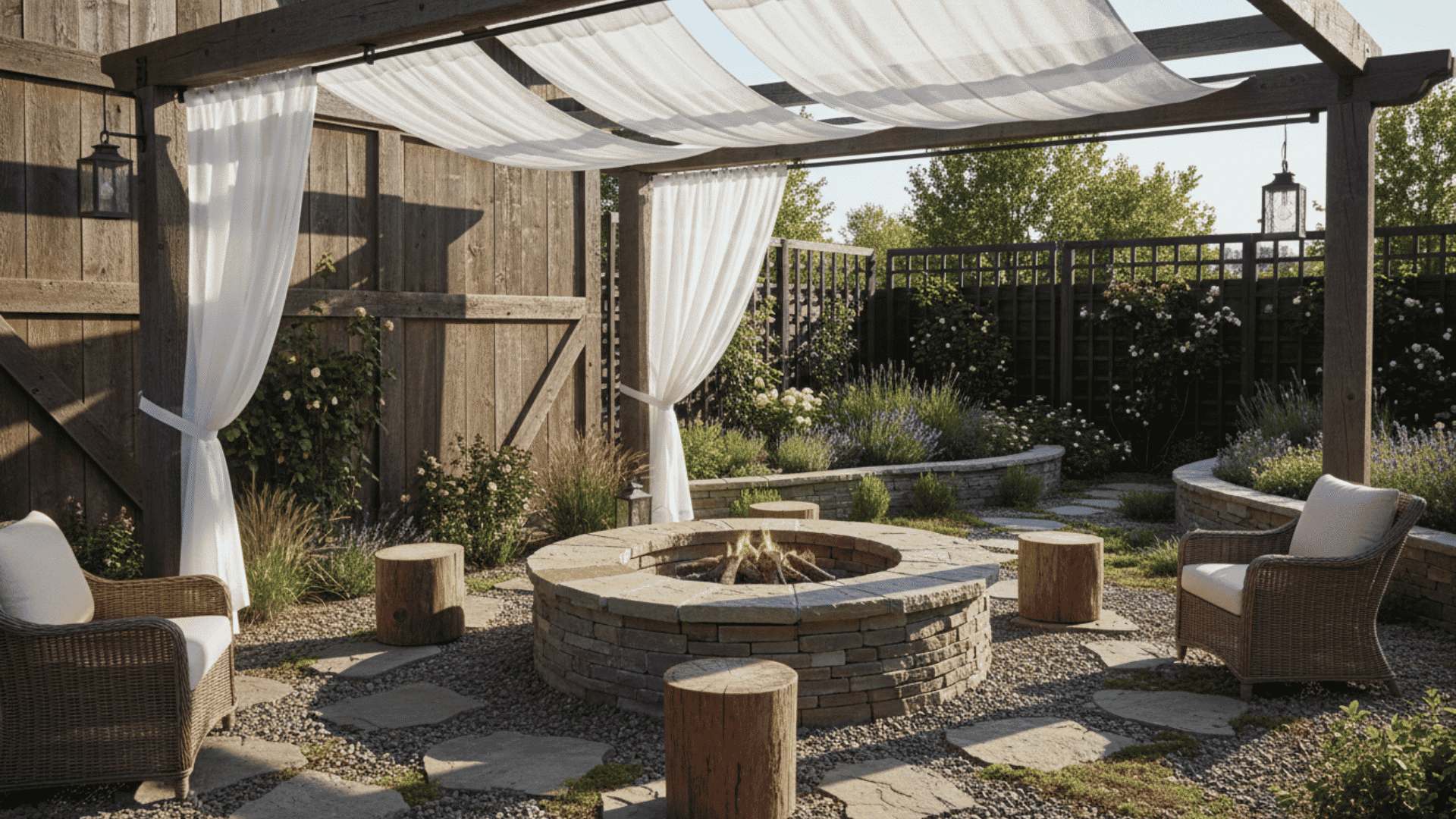 a cozy backyard patio with a round stone fire pit under a pergola and cushioned wicker chairs