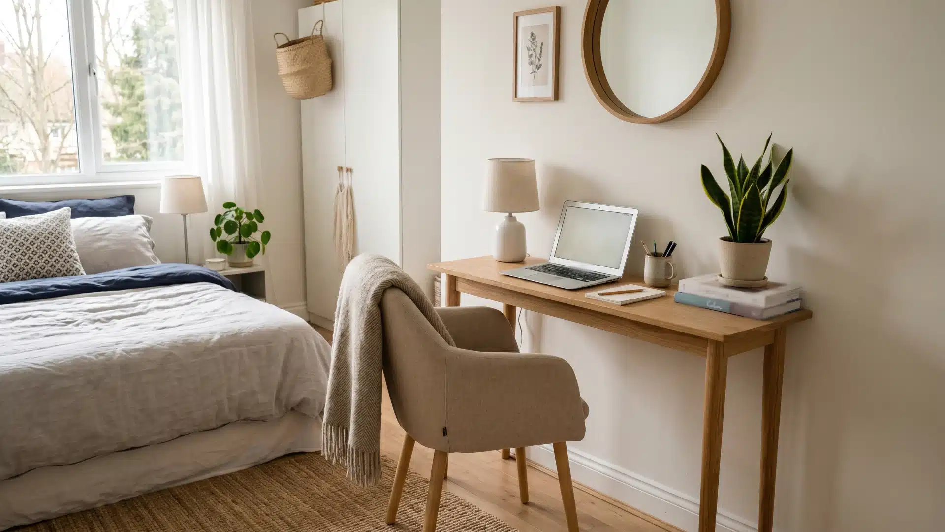 A cozy bedroom featuring a neatly made bed and a desk with a chair, creating a functional living space