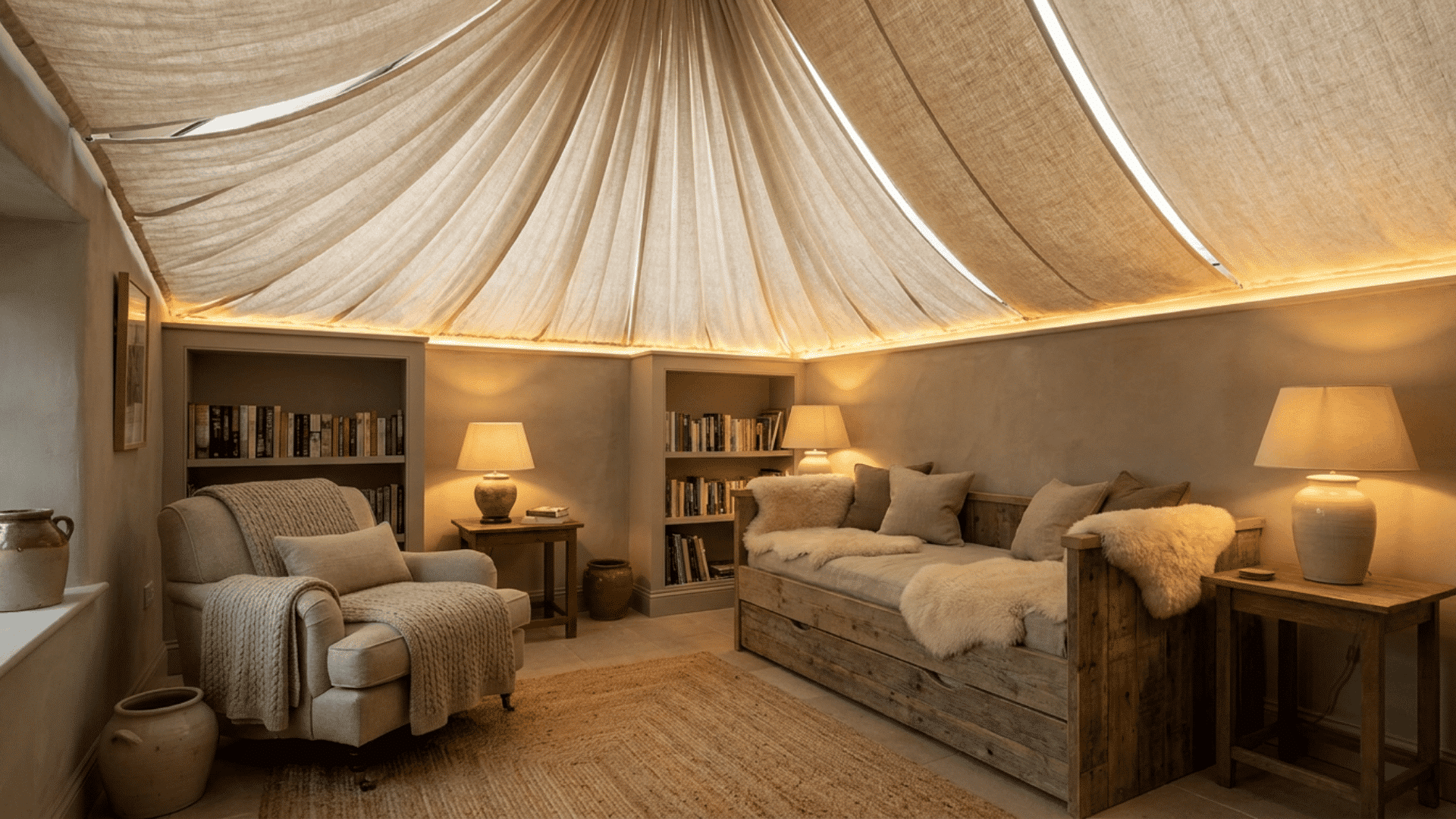 A cozy bedroom or reading room featuring a fabric ceiling made of stretched linen or decorative sailcloth.
