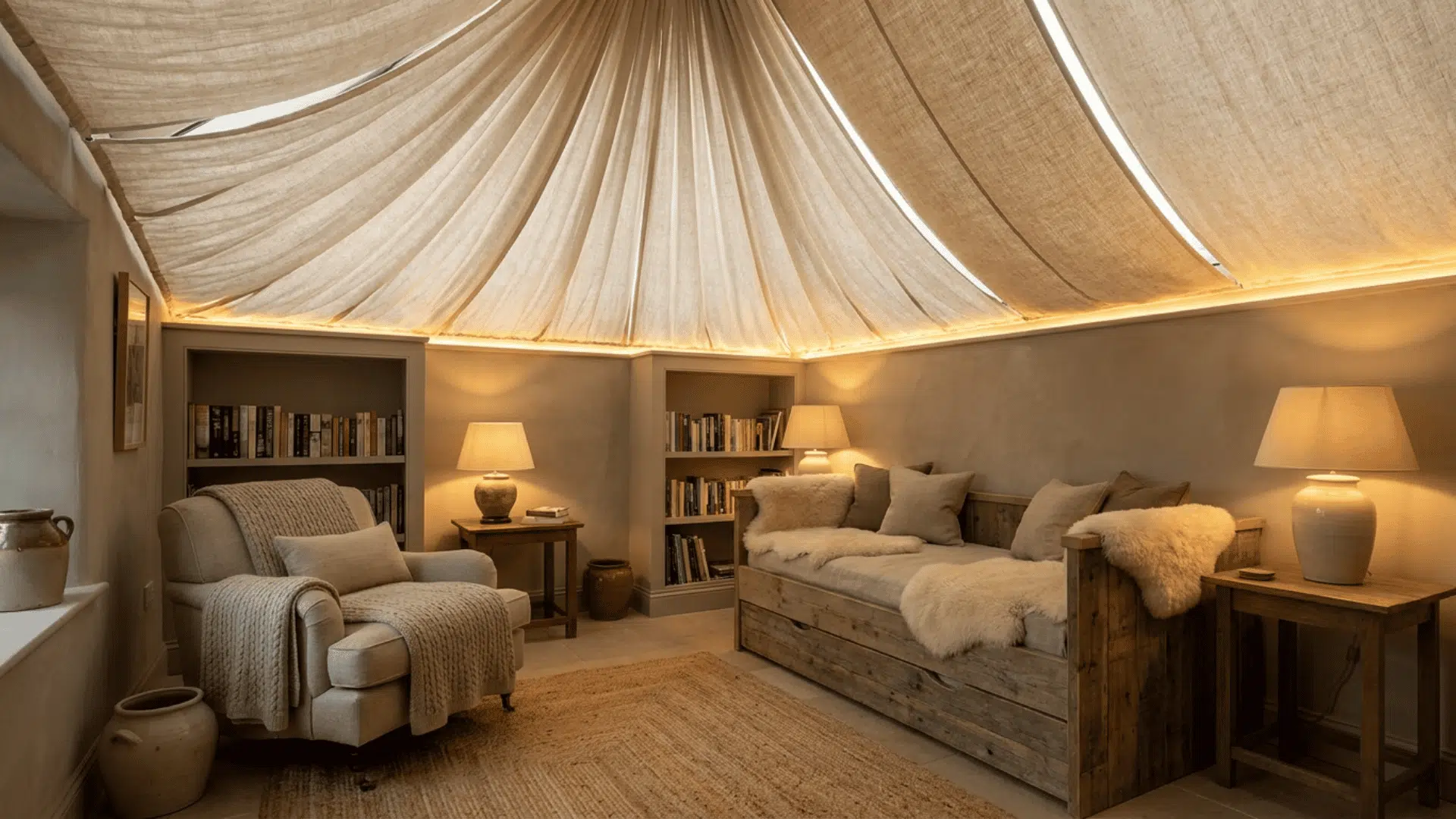 A cozy bedroom or reading room featuring a fabric ceiling made of stretched linen or decorative sailcloth.