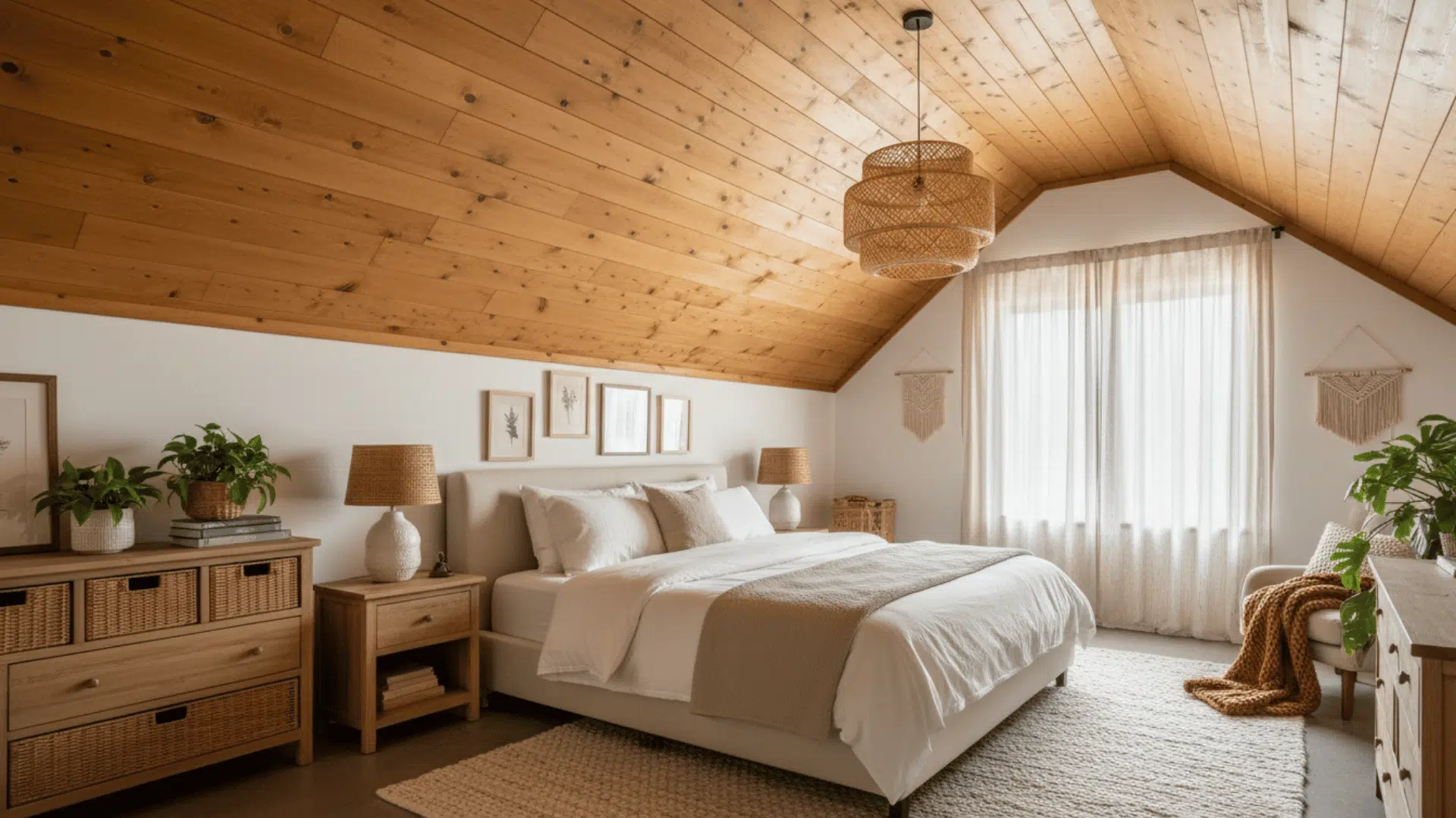 A cozy bedroom with tongue-and-groove wooden planks covering the ceiling warm light enhances the wood tone, light furniture and natural décor