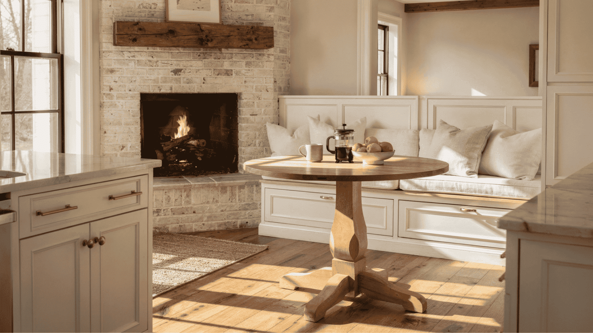 a cozy kitchen nook with a fireplace a round wooden table set with a coffee press and fruit bowl and a built in bench with plush cushions