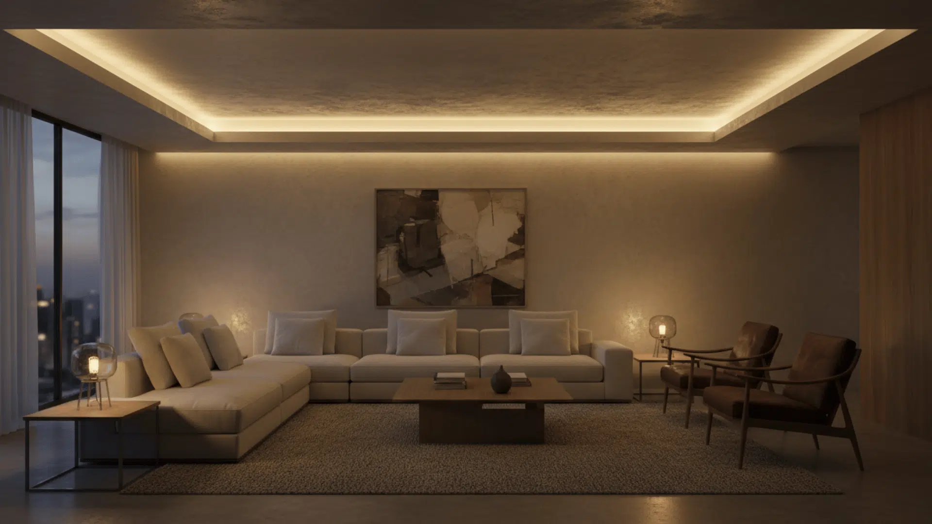 A cozy living room featuring a single-level false ceiling with an inward cove border.