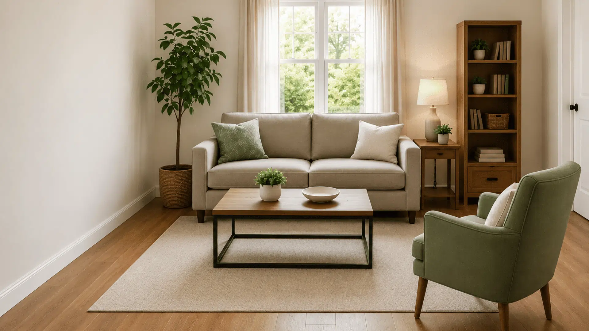 a cozy living room with a beige sofa green chair wooden coffee table potted plants bookshelf and bright window