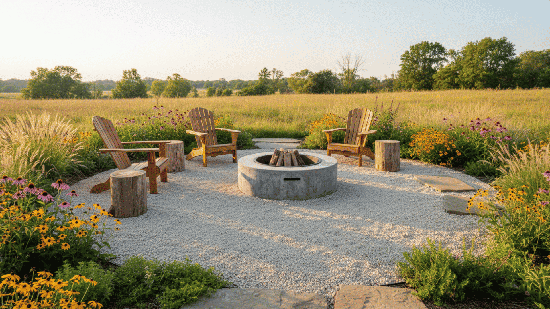 A cozy outdoor fire pit setup surrounded by Adirondack chairs