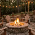 a cozy outdoor stone fire pit surrounded by wooden chairs with blankets and string lights in a forest setting