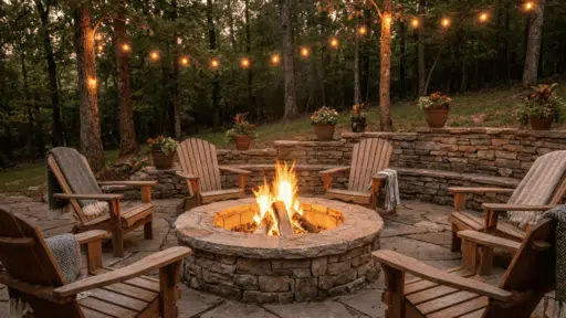 a cozy outdoor stone fire pit surrounded by wooden chairs with blankets and string lights in a forest setting