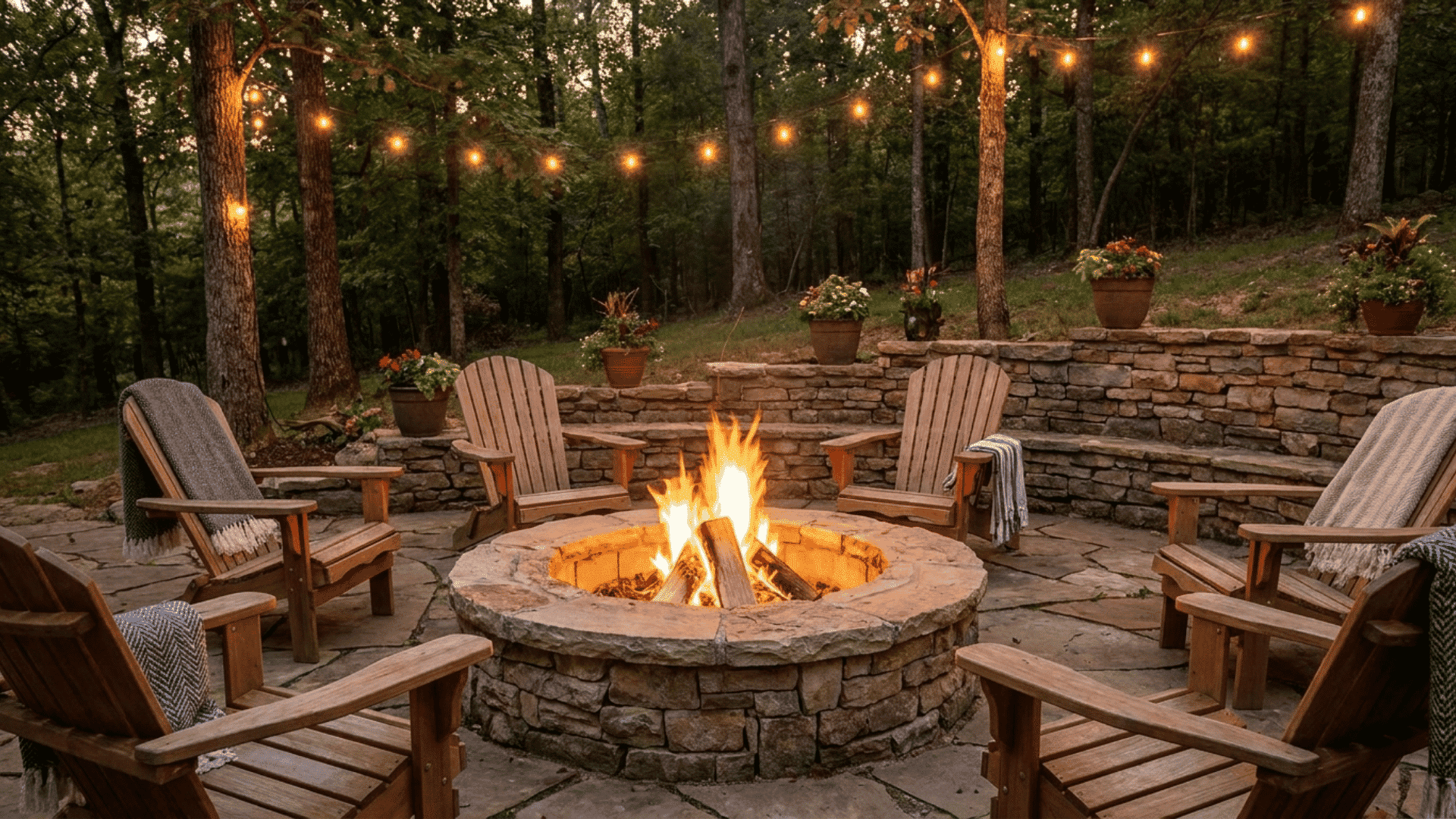 a cozy outdoor stone fire pit surrounded by wooden chairs with blankets and string lights in a forest setting