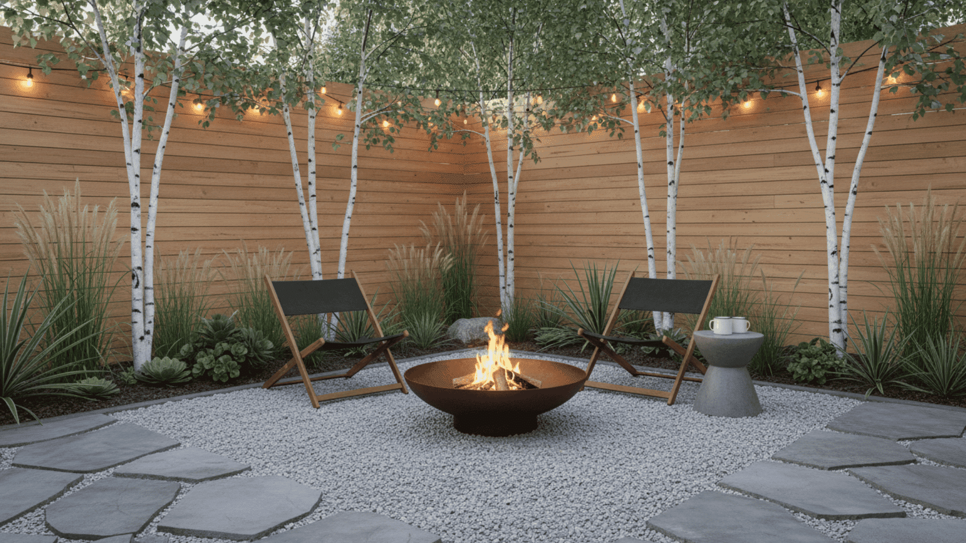 a cozy small backyard with a round fire pit between two black folding chairs surrounded by birch trees and string lights