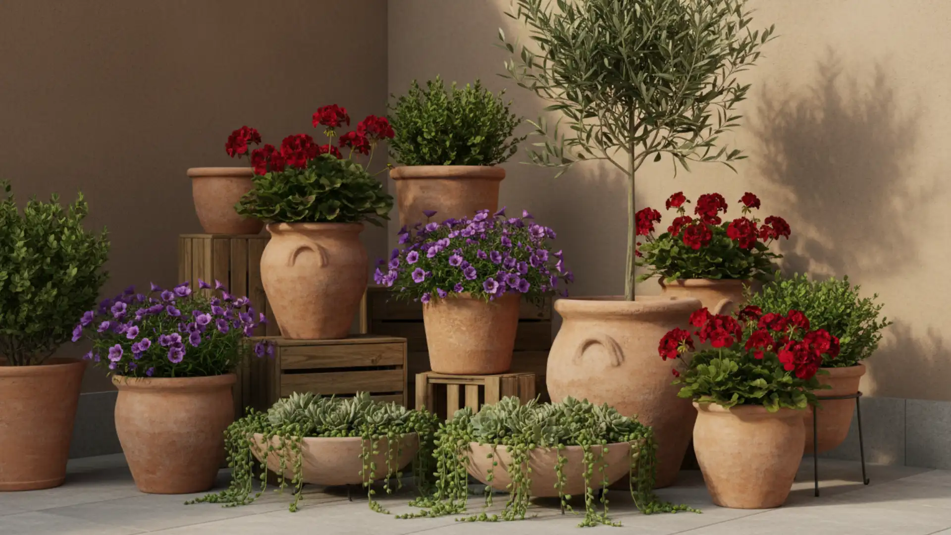 a curated corner arrangement of terra cotta potted plants at different heights including an olive tree flowering plants and trailing succulents on a small stone patio