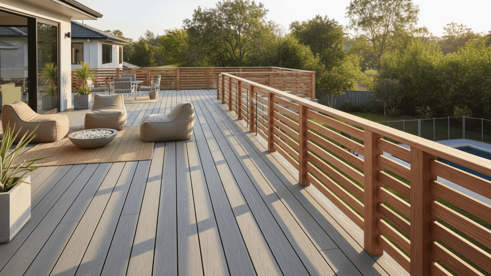 A deck with composite railings that mimic teak wood, family-friendly modern design, clear deck surface, minimal distraction.