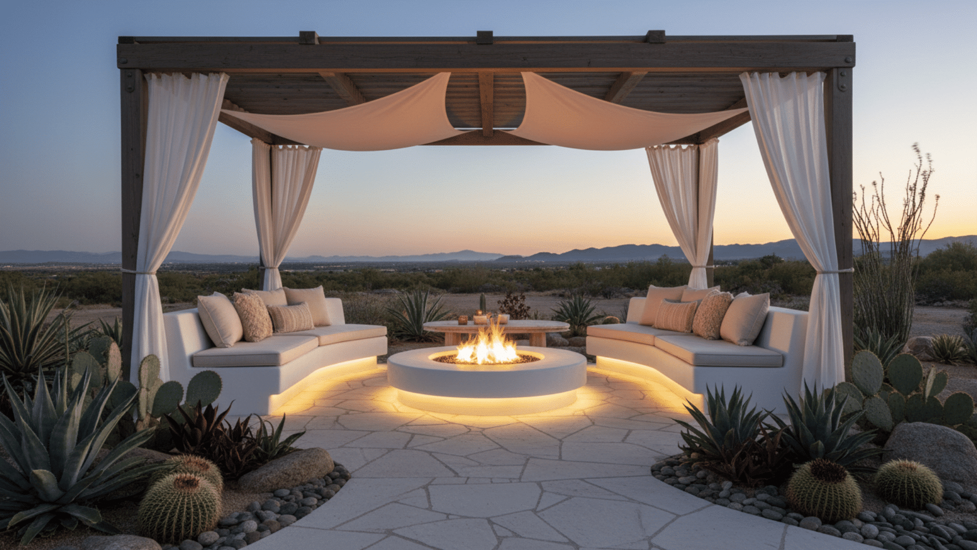 a desert outdoor patio with a round fire pit and curved white cushioned seating under a pergola with sheer curtains
