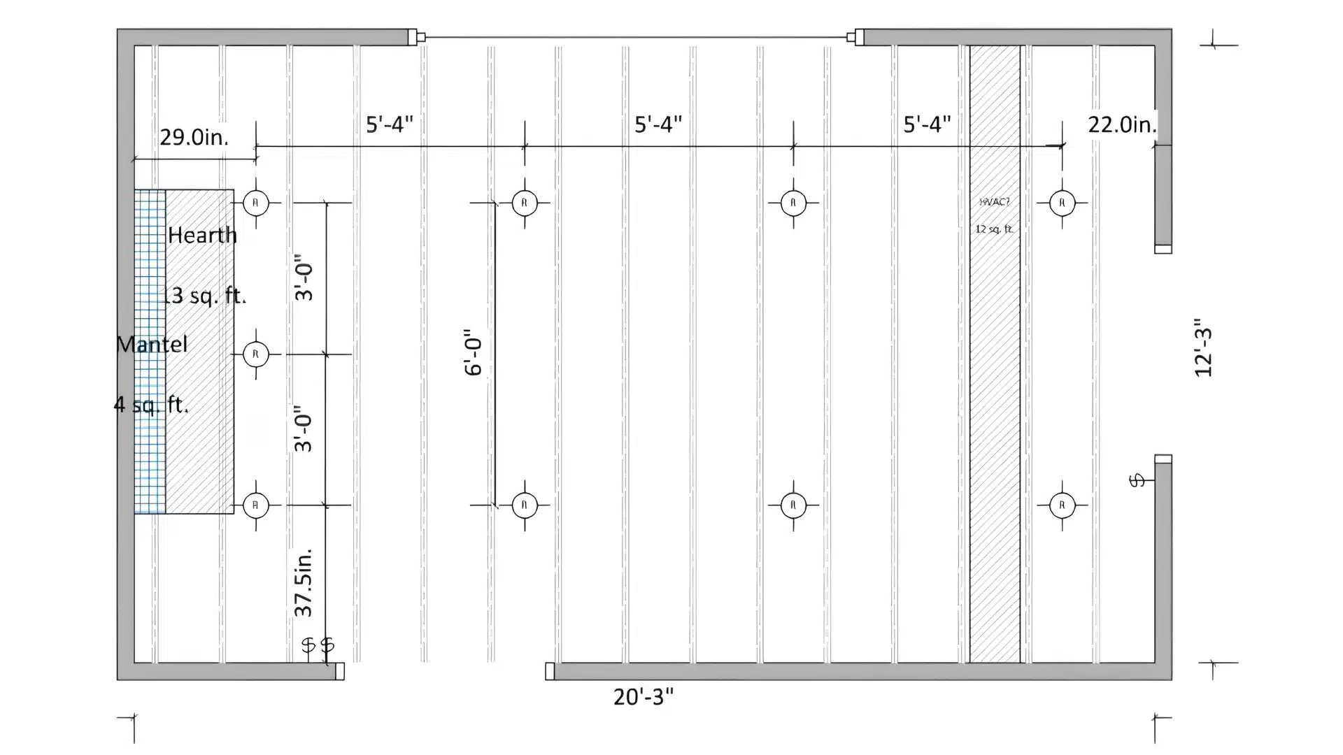 A detailed drawing of a room's floor plan, showcasing the layout and dimensions of the space