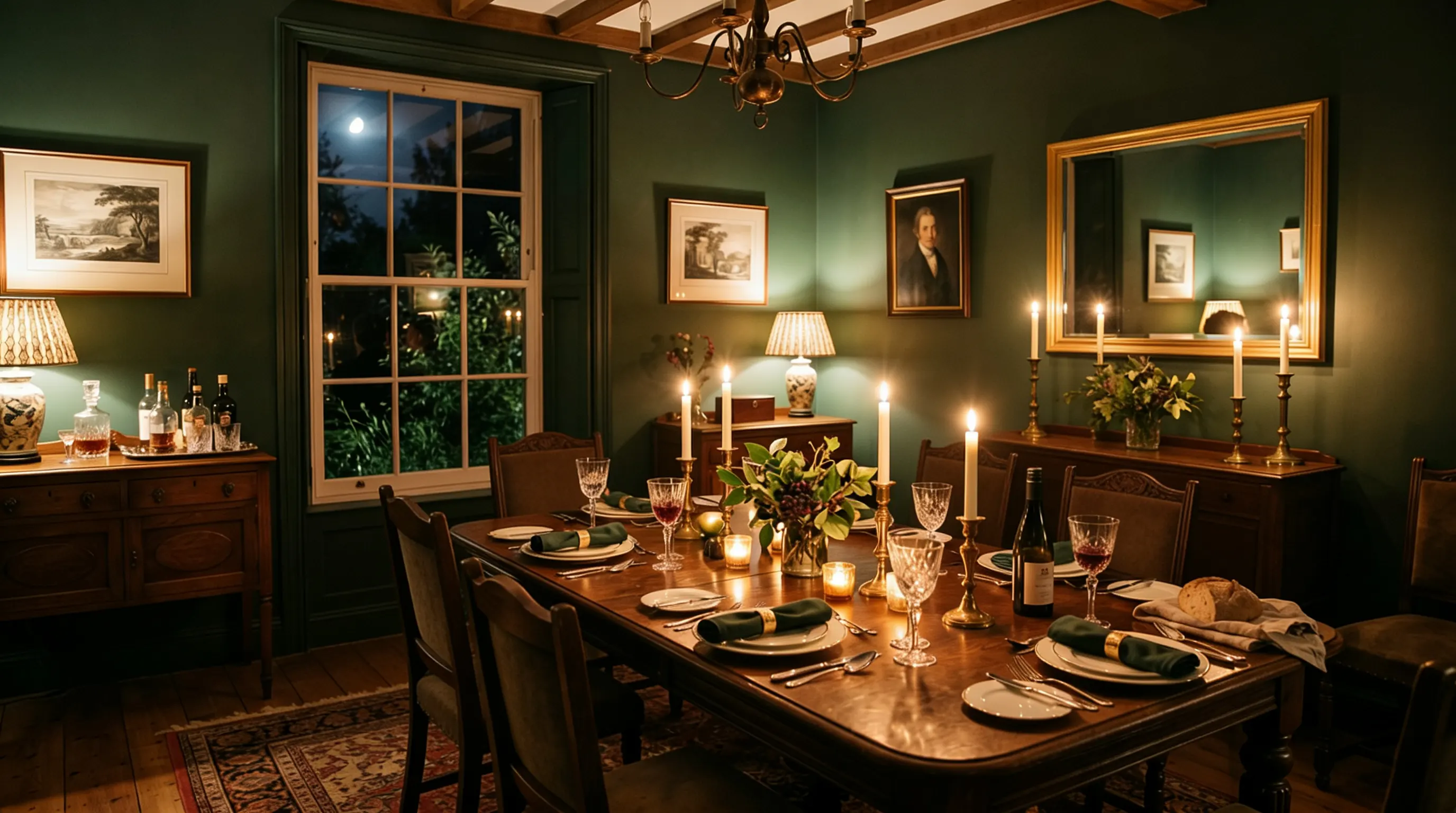 A dimly lit, traditional dining room with dark green walls, set for dinner with lit candles on a wooden table overlooking a nighttime view through a window