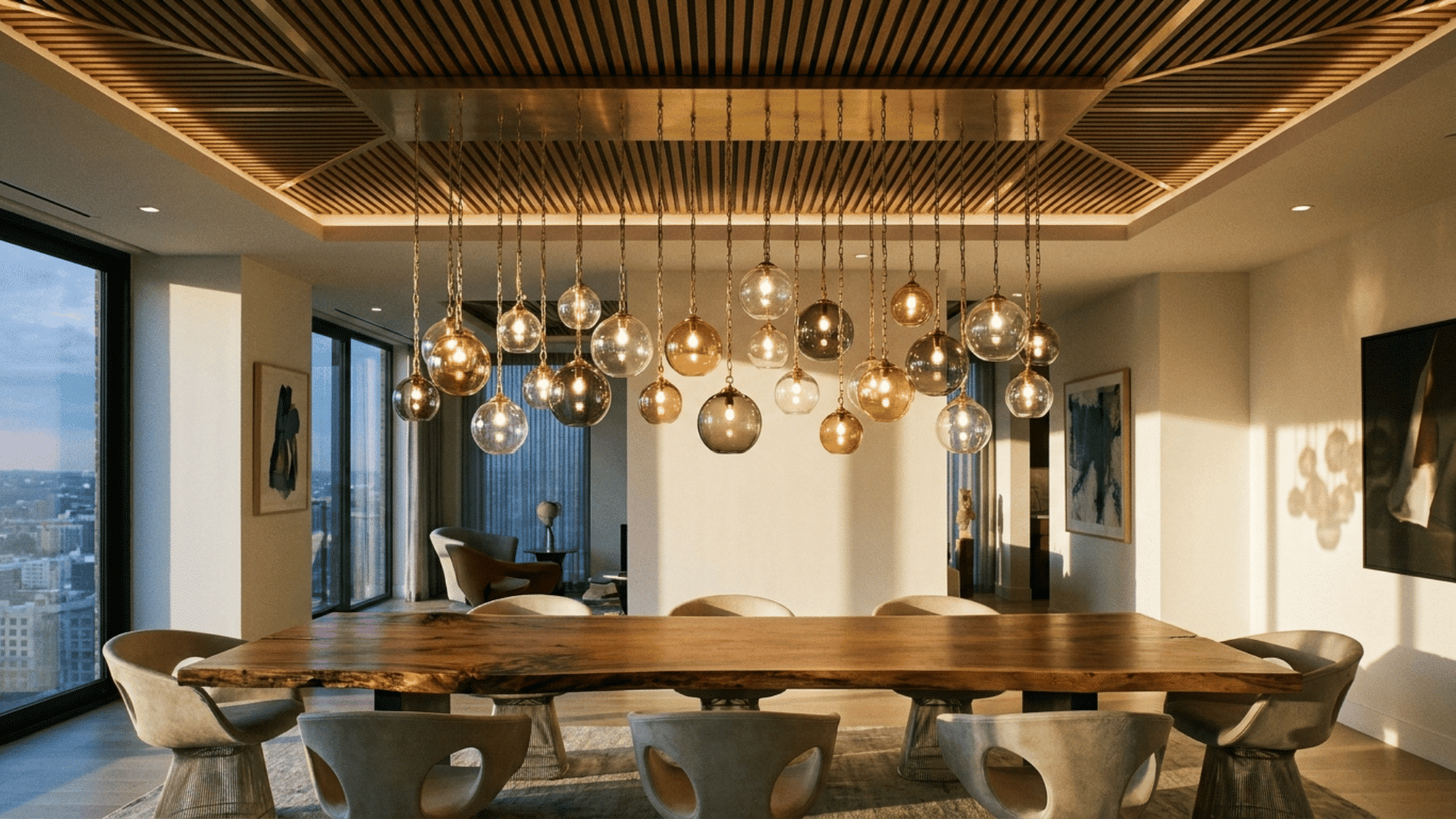 A dining room with a cluster of hanging pendant lights varying in height.