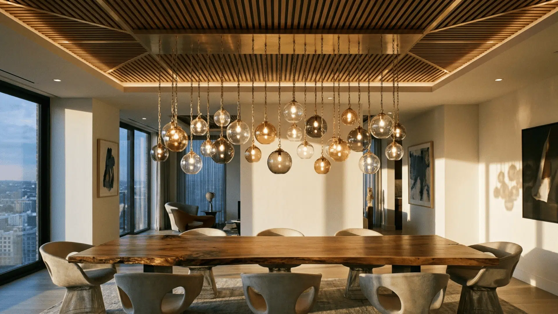 A dining room with a cluster of hanging pendant lights varying in height.