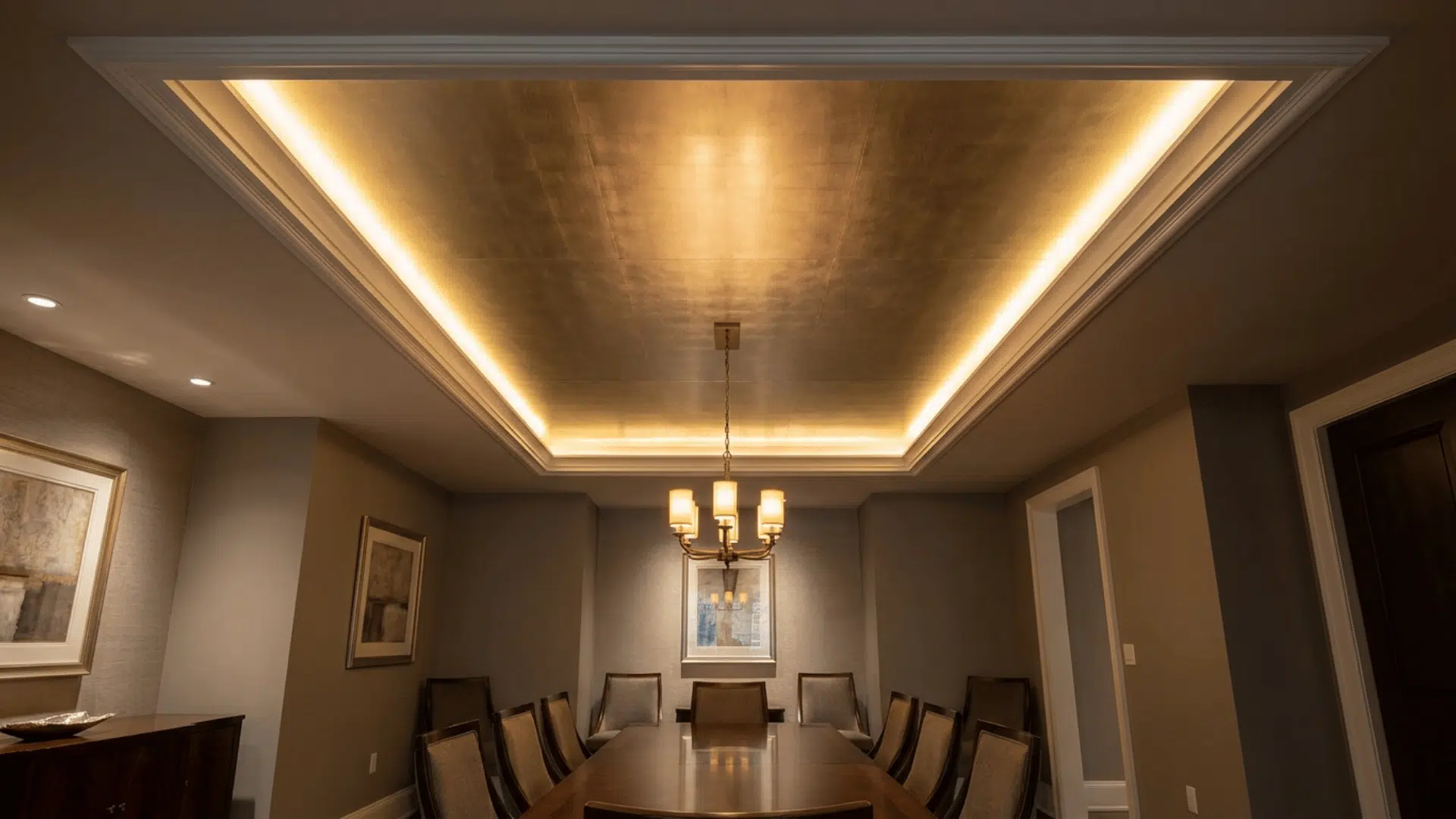 A dining room with central metallic ceiling panel in brushed gold, framed by matte white ceiling.