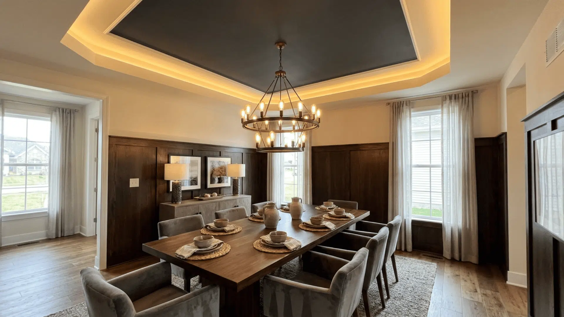 A dining room with tray ceiling, central section raised, featuring a chandelier.