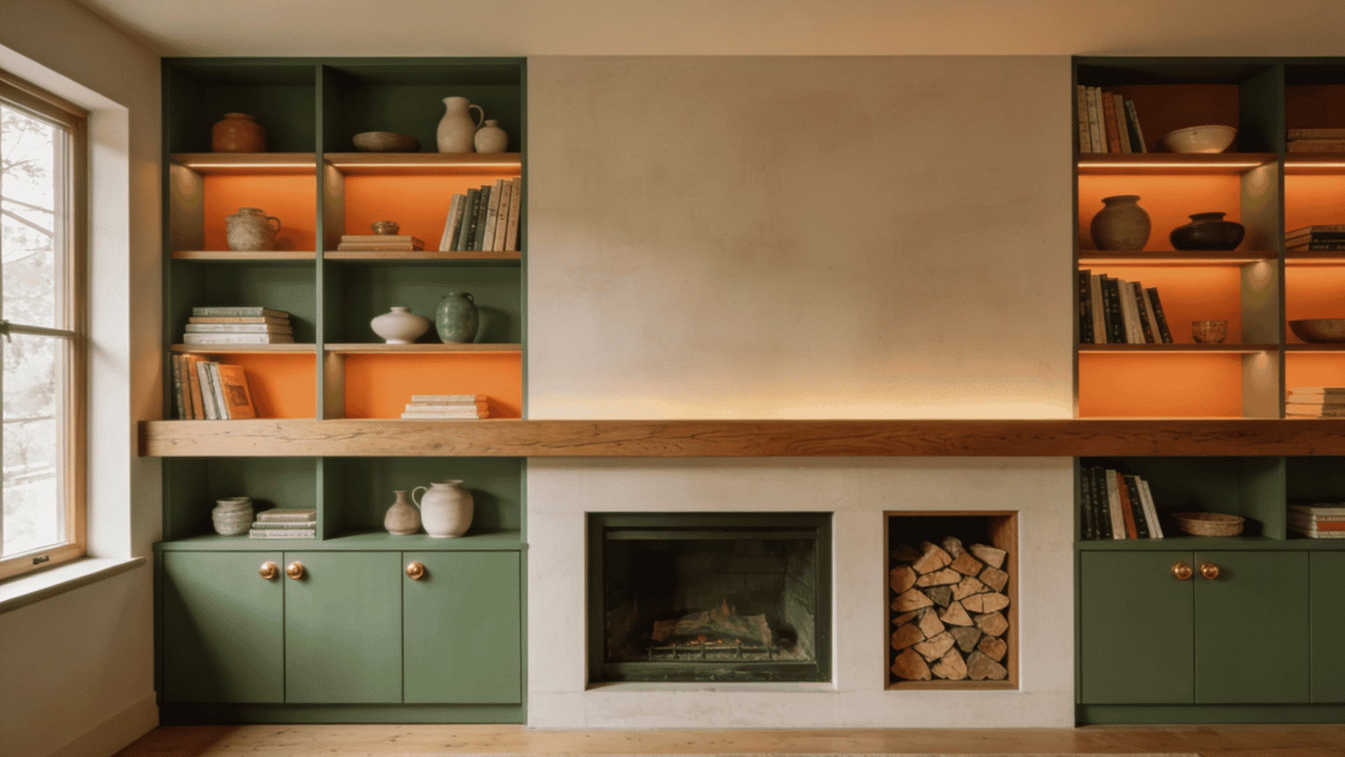 a fireplace wall with a recessed firebox and built in flanking cabinets and open shelves painted in forest green with orange painted interiors
