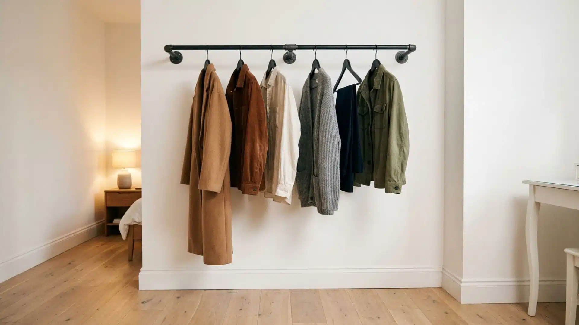 a floating black wardrobe rail with hanging coats beside a soft curtain concealing the sleeping area