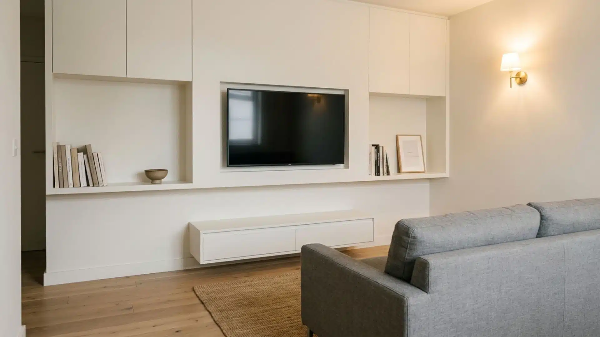 a flush mounted television wall with hidden storage cabinets and open shelves in a neutral living room